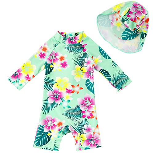 upandfast Baby Badeanzug mit Sonnenhut UPF 50+ Badebekleidung für Baby(Grüne Blume,3-6 Monate) von upandfast