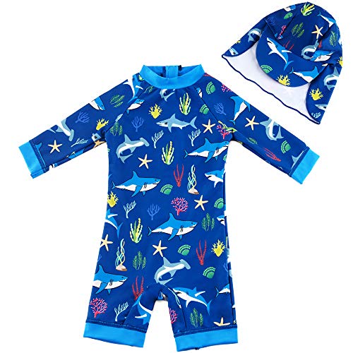 upandfast Baby Badeanzug mit Sonnenhut UPF 50+ Badebekleidung für Baby Mädchen/Jungen (Hai, 6-9 Monate) von upandfast