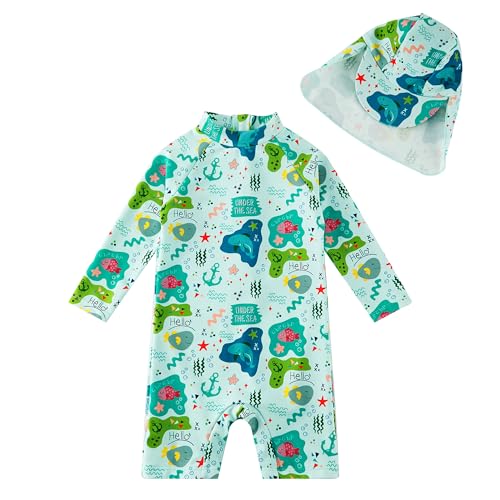 upandfast Baby Badeanzug mit Sonnenhut UPF 50+ Einteiliger Badebekleidung für Baby(12-18 Monate,Grün Hai) von upandfast