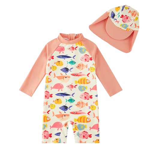 upandfast Baby Badeanzug mit Sonnenhut UPF 50+ Uv Sonnenschutz Badebekleidung für Baby(18-24 Monate,Orange Fisch) von upandfast