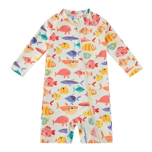 upandfast Baby Badeanzug mit Sonnenhut UPF 50+ Uv Sonnenschutz Badebekleidung für Baby(9-12 Monate,Gelber Fisch) von upandfast