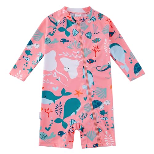 upandfast Baby Badebekleidung Mädchen mit Schrägem Reißverschluss UV Schutz Badeanzug für Baby(3-6 Monate,Rosa Walfisch) von upandfast
