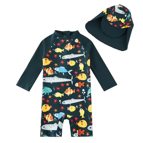 upandfast Baby Bademode Uv Schutz Langarm Baby Sunsuit mit Sonnenhut(9-12 Monate,Ozean Fisch) von upandfast