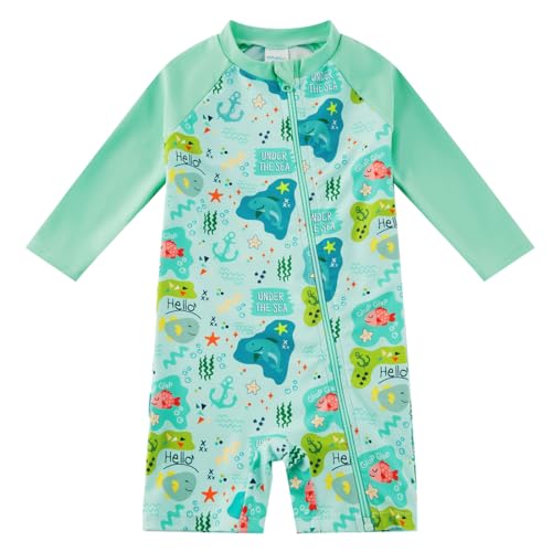 upandfast Baby Junge Badeanzug mit Durchgehendem Reißverschluss für Einfaches Windelwechseln(9-12 Monate,Grün Hai) von upandfast