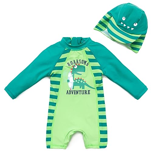 upandfast Baby Jungen Badeanzug mit Sonnenhut UPF 50+ Einteiliger Reißverschluss Kinderbadeanzug(Dinosaurier,6-9 Monate) von upandfast