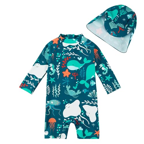 upandfast Baby Jungen Badeanzug mit Sonnenhut UPF 50+ Einteiliger Reißverschluss Kleinkind Badeanzug(Grün Wal,6-9 Monate) von upandfast