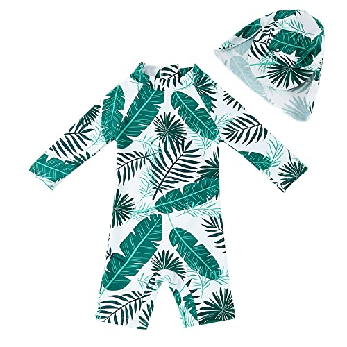 upandfast Baby Jungen Badeanzug mit Sonnenhut UPF 50+ Einteiliger Reißverschluss Kleinkind Badeanzug(Grüne Blätter,3-6 Monate) von upandfast