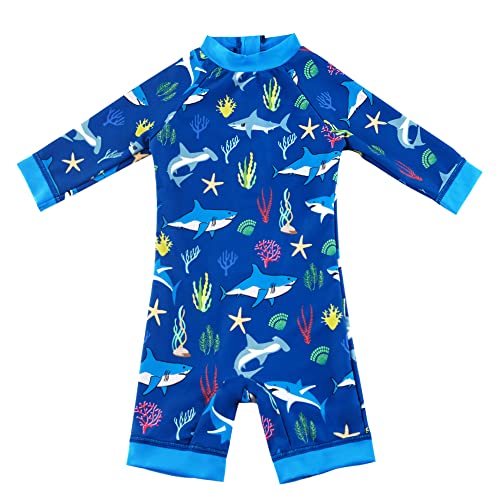 upandfast Baby Jungen Badebekleidung Einteiliges Kleinkind Sonnenanzüge UPF50+ Sonnenschutz Badeanzug mit Süßer Sonnenhut(Hai,24-36 Monate) von upandfast