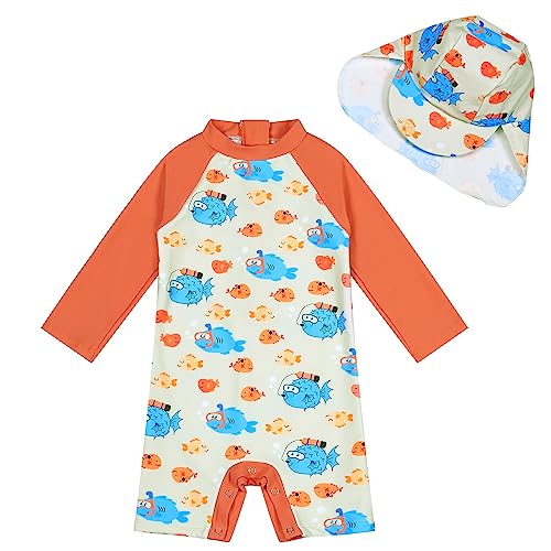 upandfast Baby Mädchen Badeanzug mit Knöpfen UV Schutz Badebekleidung Für Baby(Orange Fisch, 12-18 Monate) von upandfast