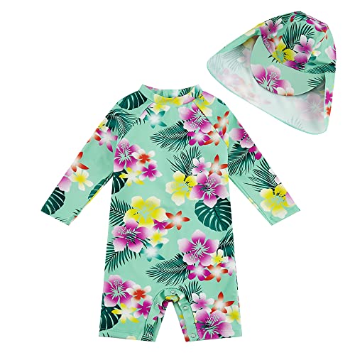 upandfast Baby Schwimmanzug Einteiliger mit Sonnenhut UV Schutz Badebekleidung für Baby Mädchen(Grüne Blumen,12-18 Monate) von upandfast