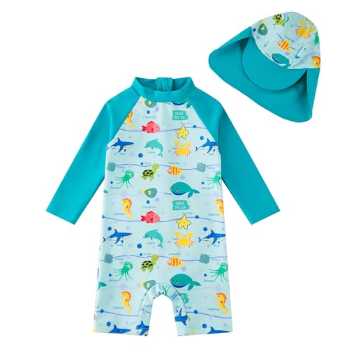 upandfast Baby Swimwear mit Sonnenhut UPF 50+ Badebekleidung für Baby(12-18 Monate,Blau Tiere) von upandfast