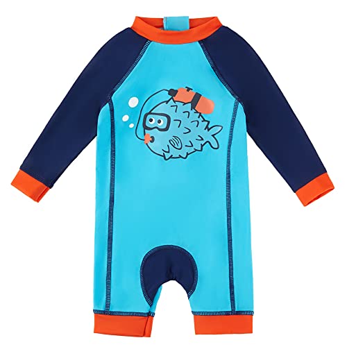 upandfast Jungen Einteiliger Sonnenanzug Badebekleidung mit Reißverschluss UPF50+ Sonnenschutz Baby Strandbadebekleidung(Blauer Fisch,12-18 Monate) von upandfast