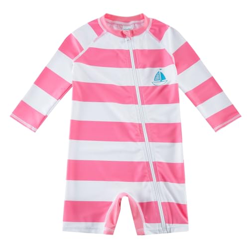upandfast Langärmeliger Baby Badeanzug mit Langem Reißverschluss für Baby Mädchen(9-12 Monate,Rosa Streifen) von upandfast