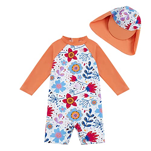 upandfast Langärmliger Badebekleidung für Baby Mädchen Surfanzug mit Sonnenschutz(Orange Blume,12-18 Monate) von upandfast