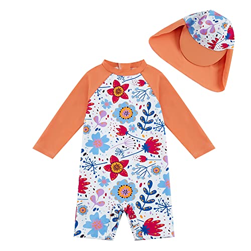 upandfast Langärmliger Badebekleidung für Baby Mädchen Surfanzug mit Sonnenschutz(Orange Blume,9-12 Monate) von upandfast