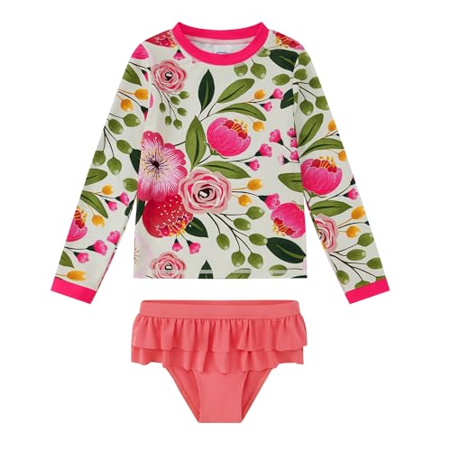 upandfast Mädchen Badeanzug UV-Schutz Schwimmanzug Badebekleidung 2-Teiliges Set für Mädchen(5 Jahre,Rosa Blume) von upandfast