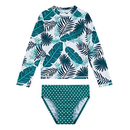 upandfast Mädchen Surfanzug Langärmlige Atmungsaktiver Tankini Bikini-Set für Kleine Mädchen(Grüne Federn,4 Jahre) von upandfast