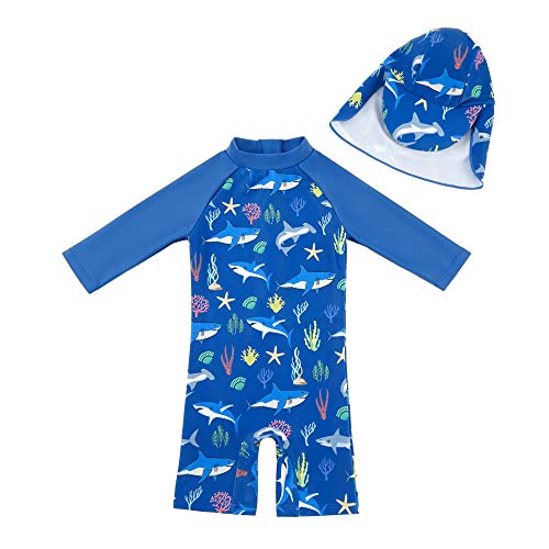upandfast Netter einteiliger Badeanzug mit Sonnenhut für Babys und Kleinkinder(Blauhai,6-9 Monate) von upandfast
