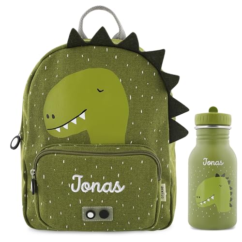 Trixie Rucksack und Trinkflasche Kinderrucksack Kindergartenrucksack Kitarucksack und Trinkflasche Kinder personalisiert mit Namen einzeln oder als Set (Dino, Set: Rucksack BIG + Flasche 350ml) von upstitch studio