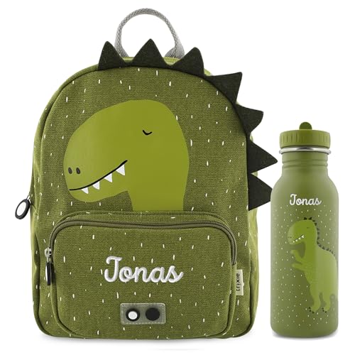 Trixie Rucksack und Trinkflasche Kinderrucksack Kindergartenrucksack Kitarucksack und Trinkflasche Kinder personalisiert mit Namen einzeln oder als Set (Dino, Set: Rucksack BIG + Flasche 500ml) von upstitch studio