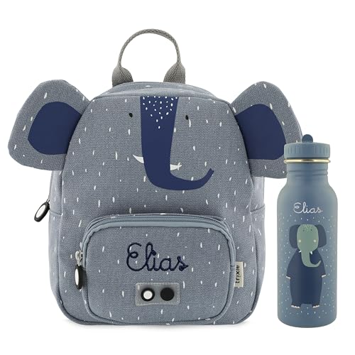 Trixie Rucksack und Trinkflasche Kinderrucksack Kindergartenrucksack Kitarucksack und Trinkflasche Kinder personalisiert mit Namen einzeln oder als Set (Elefant, Set: Rucksack SMALL + Flasche 500ml) von upstitch studio