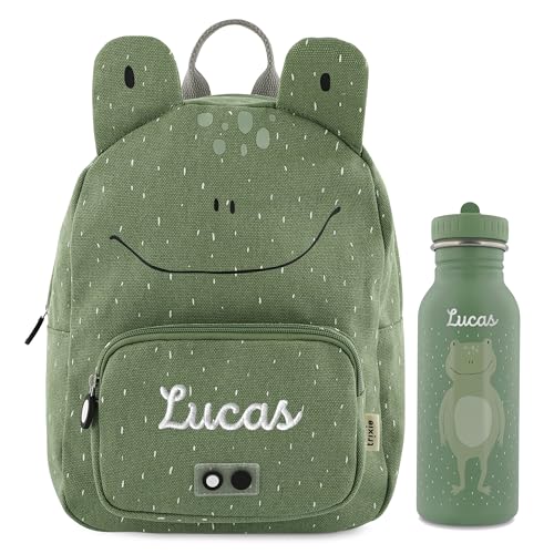 Trixie Rucksack und Trinkflasche Kinderrucksack Kindergartenrucksack Kitarucksack und Trinkflasche Kinder personalisiert mit Namen einzeln oder als Set (Frosch, Set: Rucksack BIG + Flasche 500ml) von upstitch studio