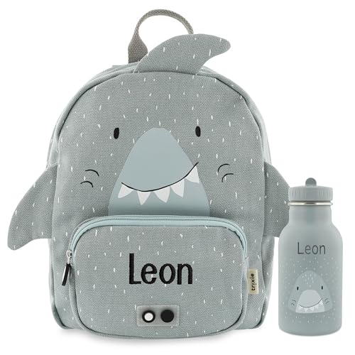 Trixie Rucksack und Trinkflasche Kinderrucksack Kindergartenrucksack Kitarucksack und Trinkflasche Kinder personalisiert mit Namen einzeln oder als Set (Hai, Set: Rucksack BIG + Flasche 350ml) von upstitch studio