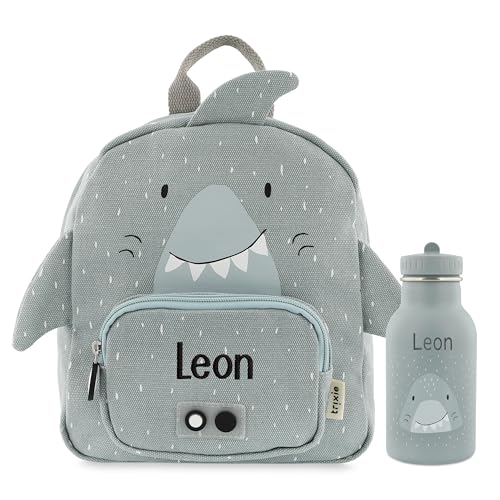 Trixie Rucksack und Trinkflasche Kinderrucksack Kindergartenrucksack Kitarucksack und Trinkflasche Kinder personalisiert mit Namen einzeln oder als Set (Hai, Set: Rucksack SMALL + Flasche 350ml) von upstitch studio