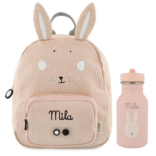 Trixie Rucksack und Trinkflasche Kinderrucksack Kindergartenrucksack Kitarucksack und Trinkflasche Kinder personalisiert mit Namen einzeln oder als Set (Hase, Set: Rucksack SMALL + Flasche 350ml) von upstitch studio