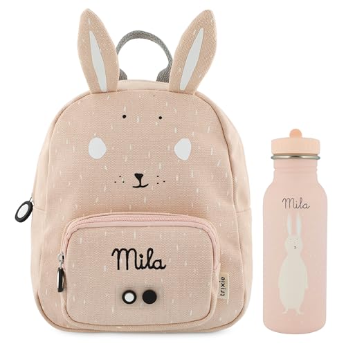 Trixie Rucksack und Trinkflasche Kinderrucksack Kindergartenrucksack Kitarucksack und Trinkflasche Kinder personalisiert mit Namen einzeln oder als Set (Hase, Set: Rucksack SMALL + Flasche 500ml) von upstitch studio