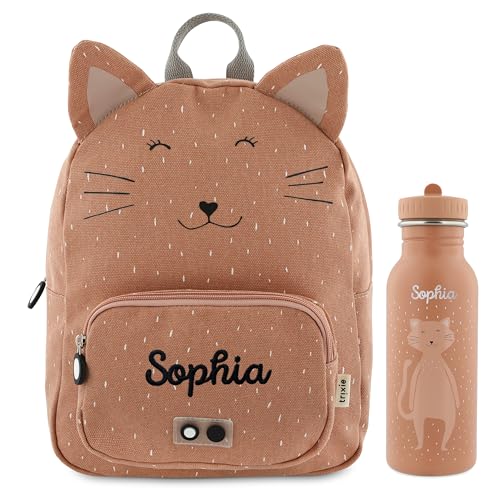 Trixie Rucksack und Trinkflasche Kinderrucksack Kindergartenrucksack Kitarucksack und Trinkflasche Kinder personalisiert mit Namen einzeln oder als Set (Katze, Set: Rucksack BIG + Flasche 500ml) von upstitch studio