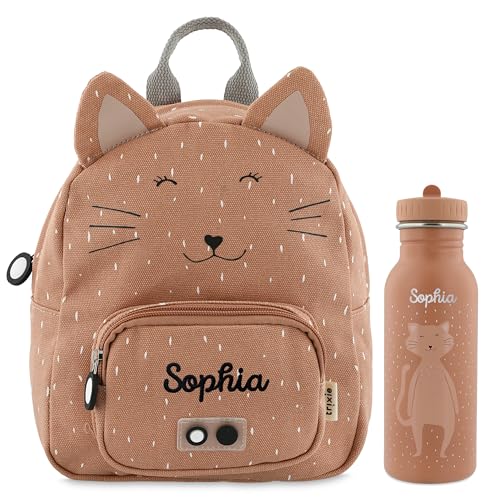 Trixie Rucksack und Trinkflasche Kinderrucksack Kindergartenrucksack Kitarucksack und Trinkflasche Kinder personalisiert mit Namen einzeln oder als Set (Katze, Set: Rucksack SMALL + Flasche 500ml) von upstitch studio