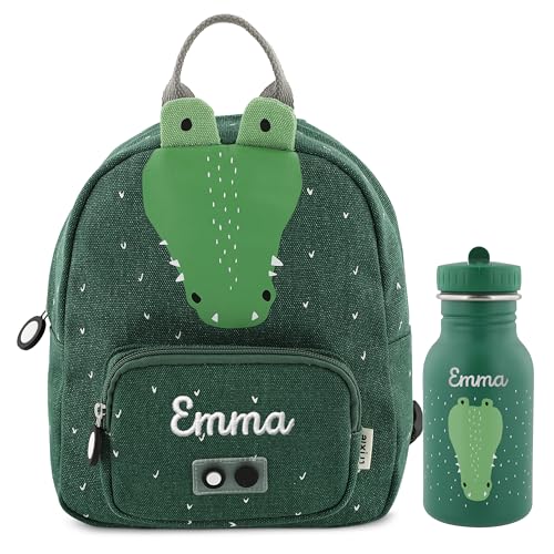 Trixie Rucksack und Trinkflasche Kinderrucksack Kindergartenrucksack Kitarucksack und Trinkflasche Kinder personalisiert mit Namen einzeln oder als Set (Krokodil, Set: Rucksack SMALL + Flasche 350ml) von upstitch studio