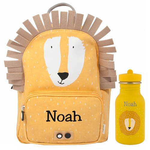 Trixie Rucksack und Trinkflasche Kinderrucksack Kindergartenrucksack Kitarucksack und Trinkflasche Kinder personalisiert mit Namen einzeln oder als Set (Löwe, Set: Rucksack BIG + Flasche 350ml) von upstitch studio