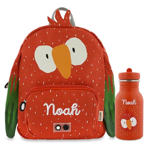 Trixie Rucksack und Trinkflasche Kinderrucksack Kindergartenrucksack Kitarucksack und Trinkflasche Kinder personalisiert mit Namen einzeln oder als Set (Papagei, Set: Rucksack BIG + Flasche 350ml) von upstitch studio