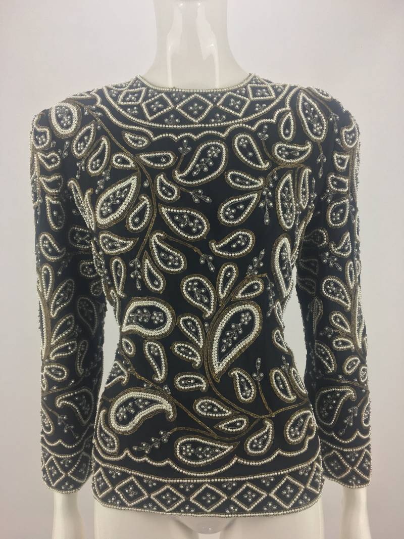 80Er Jahre Perlen Paisley Seidenbluse - Marshall Field's Petite Large 80Er Jahre Perlen Paisley Seidenbluse - Marshall Field's Petite Large von urbancowgirlchic