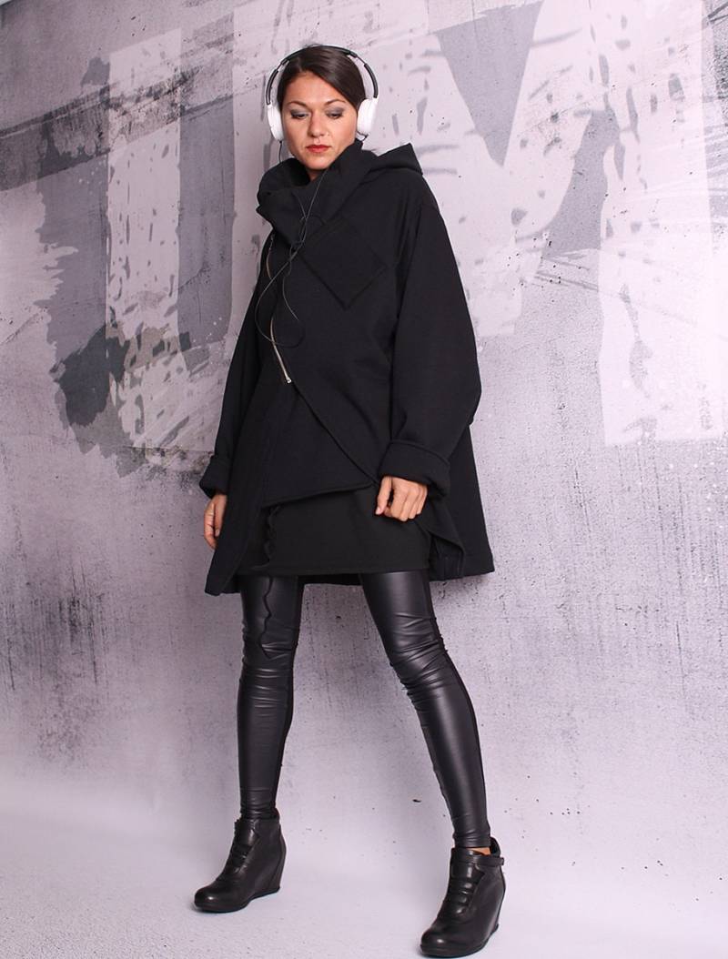 Extravaganter Schwarzer Mantel, Gesteppte Baumwolljacke, Schwarzes Sweatshirt, Blazer, Hoodie, Baumwollmantel, Jacke Mit Kapuze, Lockerer Schnitt von urbanmood