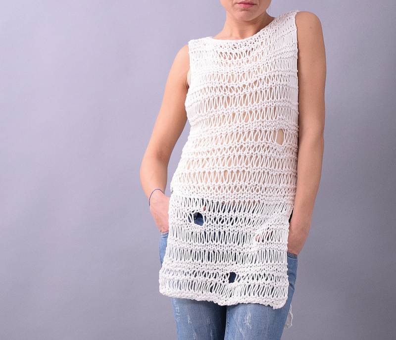 Hand Stricken Top, Ärmelloses Netz Spitze, Stricken, Tunika, Schiere Tank-Top, Bolero, Handgestrickt Tank, Einzigartige Weiß Stricktop, K119Co Hand Stricken Top, Ärmelloses Netz Spitze, Stricken, Tunika, Schiere Tank-Top, Bolero, Handgestrickt Tank, Einzigartige Weiß Stricktop, K119Co von urbanmood