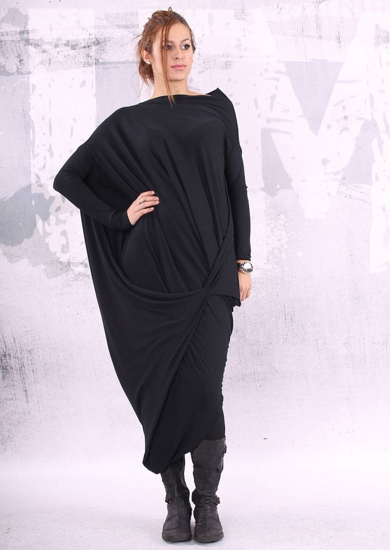Schwarzes Kleid, Maxikleid, Lockeres Übergrößenkleid, Oversizekleid, Langes Tunikakleid, Umstandskleid - Um-Cl004-Gl von urbanmood