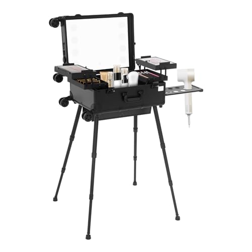 Profi Kosmetikkoffer 22 Inch Trolley Schminkkoffer 3 Makeup Case mit Rollen, Mobile Kosmetik Spiegel und 8 LED-Lampen, Verstellbare Beine für Visagisten Friseure Nageltechniker (Schwarz) von ureggvbu