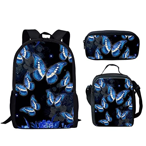 urtradezz Blaues Schmetterlings-Rucksack-Set für Teenager-Mädchen, 3-in-1-Schultaschen mit Lunchbox, Federmäppchen, 3-teilig, Grundschule, Reise, Tagesrucksack, blau mit schmetterlingen, von urtradezz