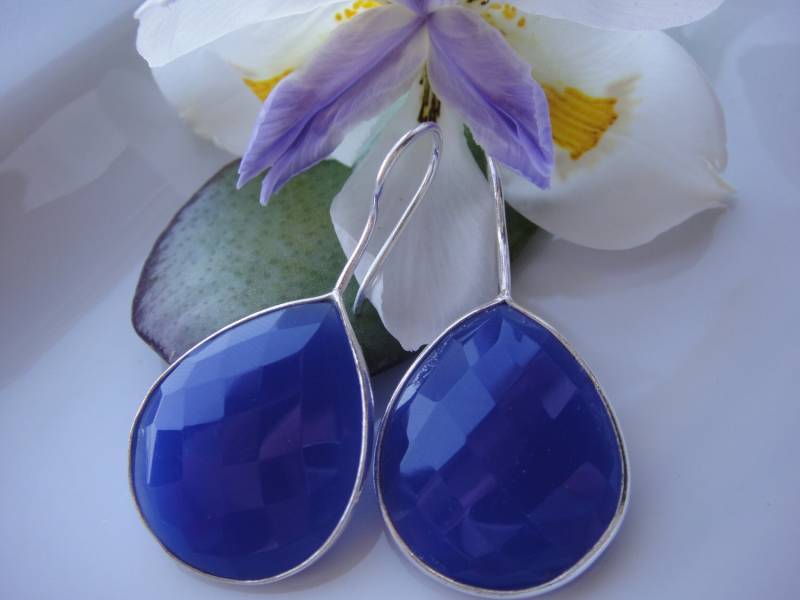 925 Sterling Silber Bezelled Blau Onyx Tropfen Ohrringe, Edelstein Schmuck, Lünette von usaw