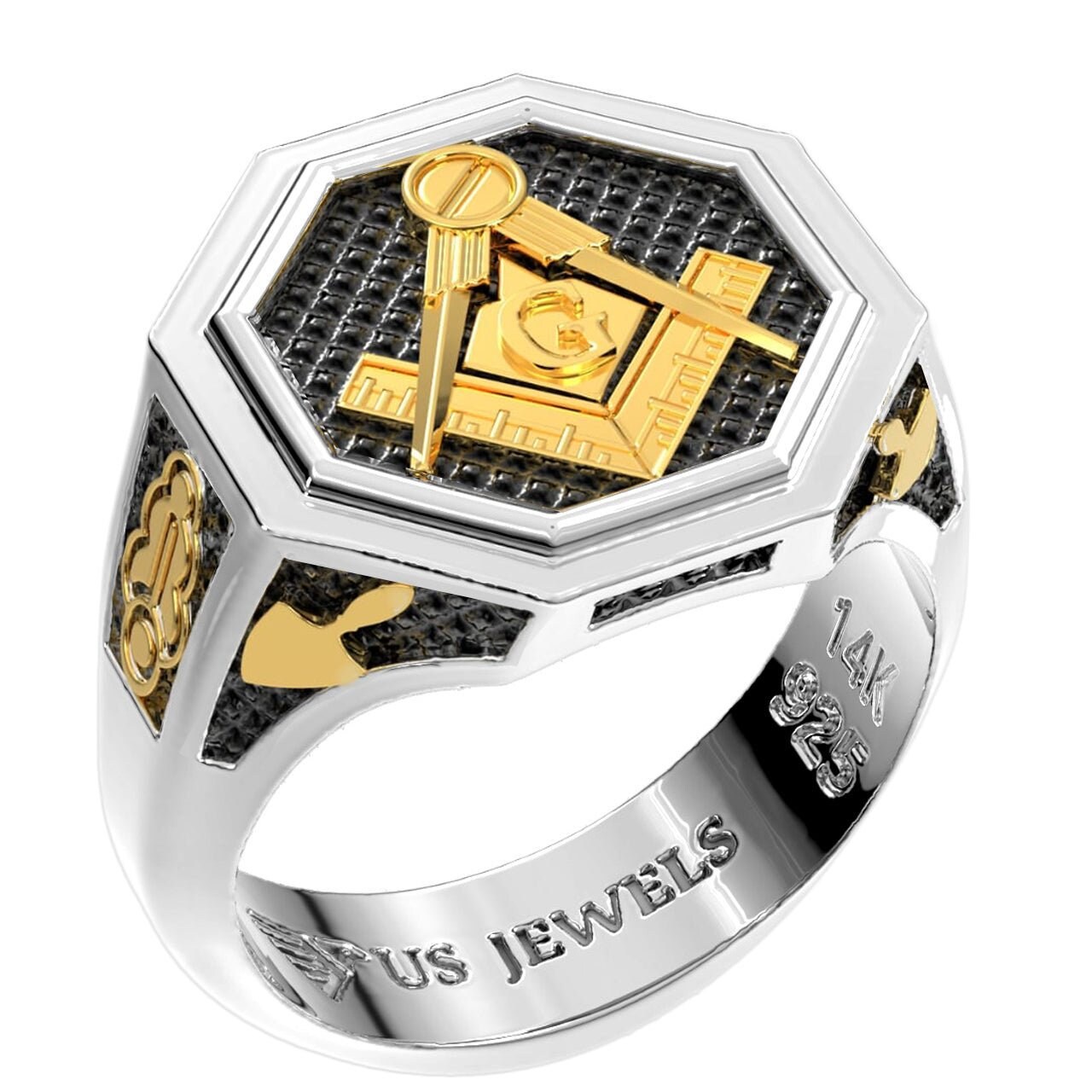 Schwerer Master Mason Octagon Ring Aus 925Er Sterlingsilber Und 14 Karat Gelbgold Für Herren von usjewelsandgems