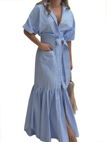 utcoco Damen 2025 Sommer Casual Gestreift Button Down Maxikleid Krawatte Taille Kurzarm Hemdkleid mit Taschen, Blau, Groß von utcoco