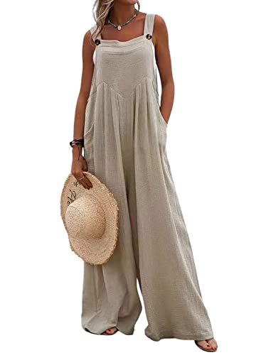 utcoco Damen Casual Baggy Ärmellos Bib Overall Verstellbarer Träger Weites Bein Jumpsuit Overall mit Taschen, Khaki, Large von utcoco