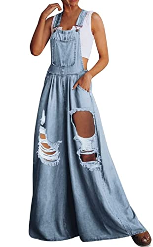 utcoco Damen Casual Loose Denim Overalls Verstellbarer Riemen Breites Bein Bib Jeans Overalls Jumpsuit mit Taschen, Ripped Light Blue, Large von utcoco
