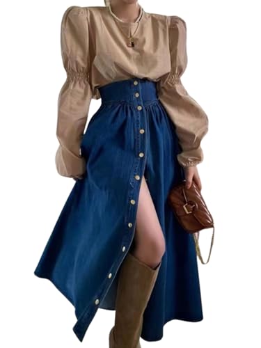 utcoco Damen High Waist Long Denim Rock Button Down Swing A-Linie Jeans Maxirock mit Taschen, Dunkelblau, Klein von utcoco
