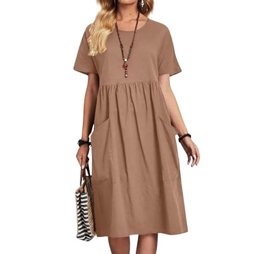 utcoco Damen-Sommer-T-Shirt-Kleid aus Baumwollleinen, lockere Passform, Rundhalsausschnitt, kurze Ärmel, Midi-Kleider mit Taschen, Kaffee, Klein utcoco Damen-Sommer-T-Shirt-Kleid aus Baumwollleinen, lockere Passform, Rundhalsausschnitt, kurze Ärmel, Midi-Kleider mit Taschen, Kaffee, Klein von utcoco