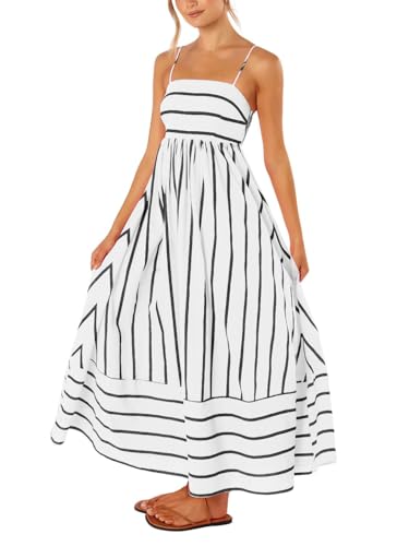utcoco Damen-Sommerkleid, gestreifter Rücken, gesmokt, Spaghettiträger, ausgeschnitten, fließend, A-Linie, langes Kleid, Schwarz Weiß, Groß utcoco Damen-Sommerkleid, gestreifter Rücken, gesmokt, Spaghettiträger, ausgeschnitten, fließend, A-Linie, langes Kleid, Schwarz Weiß, Groß von utcoco