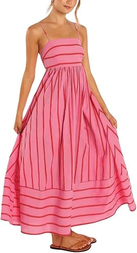 utcoco Damen-Sommerkleid, gestreifter Rücken, gesmokt, Spaghettiträger, ausgeschnitten, fließend, A-Linie, langes Kleid, wassermelone, Klein von utcoco